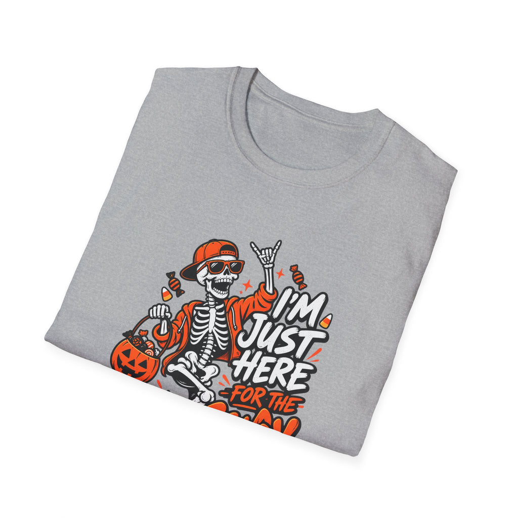 I'm Just Here for the Candy Shirt | Funny Dancing Skeleton Halloween Tee | Dark Humor Graphic T-Shirt
