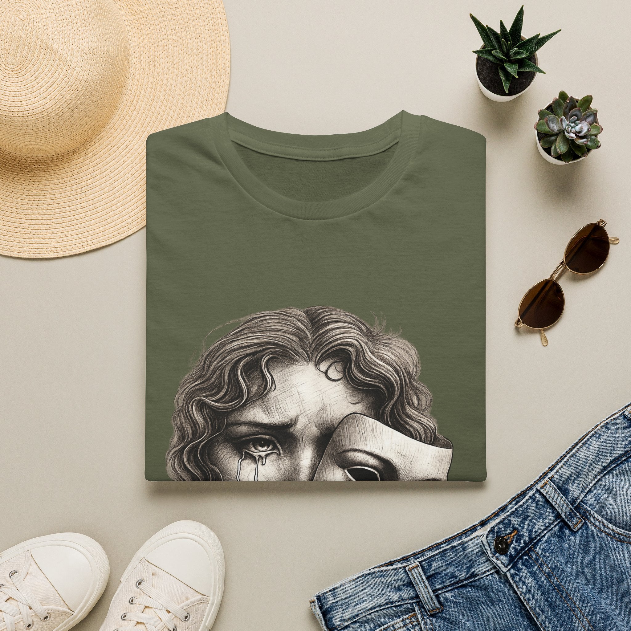 Crying Woman Mask Art T-Shirt | Hidden Emotions Sketch Graphic Tee Unisex Unisex Softstyle T-Shirt