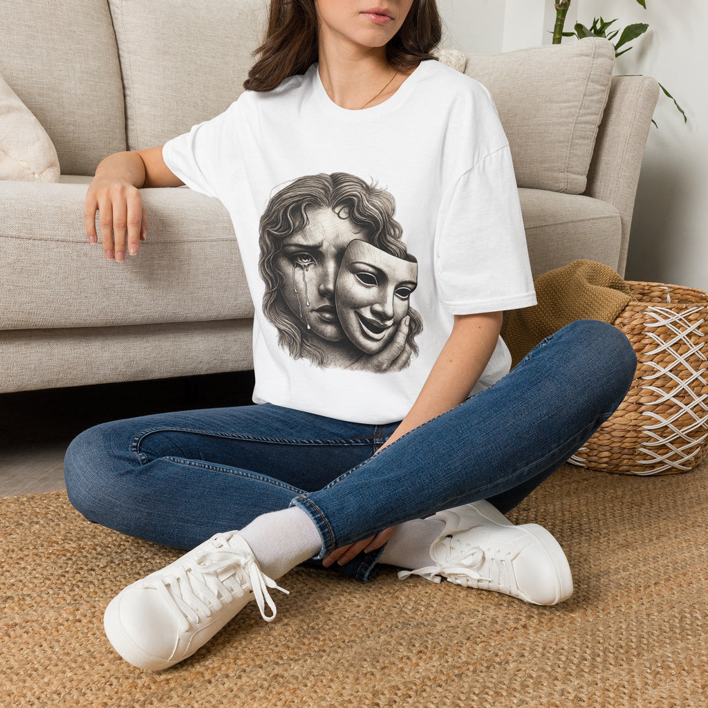 Crying Woman Mask Art T-Shirt | Hidden Emotions Sketch Graphic Tee Unisex Unisex Softstyle T-Shirt