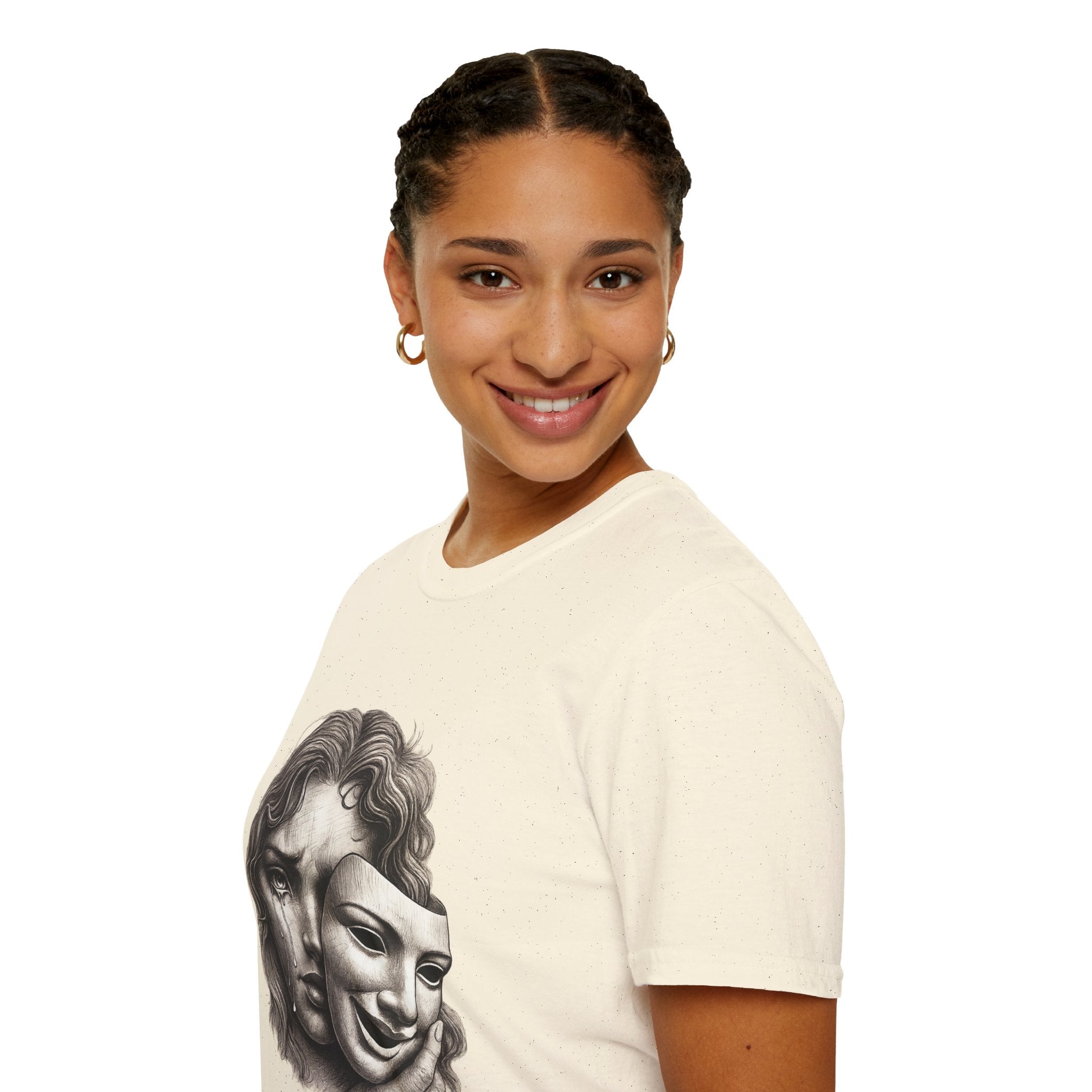 Crying Woman Mask Art T-Shirt | Hidden Emotions Sketch Graphic Tee Unisex Unisex Softstyle T-Shirt