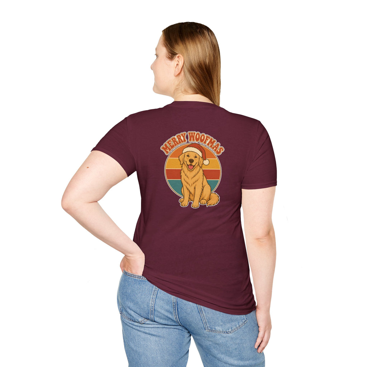 Retro Christmas Dog T-Shirt Merry Woofmas Vintage Dog Lover Shirt Unisex Softstyle Tee Christmas Gift