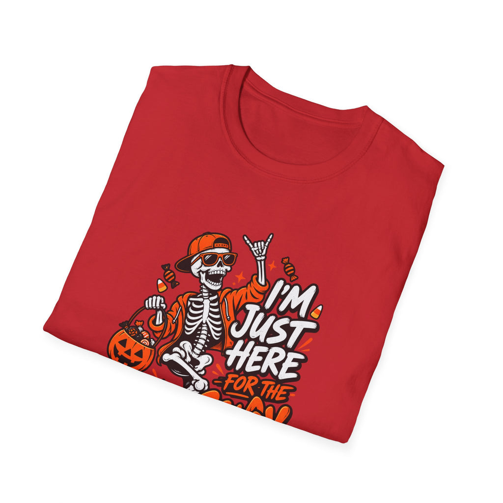 I'm Just Here for the Candy Shirt | Funny Dancing Skeleton Halloween Tee | Dark Humor Graphic T-Shirt