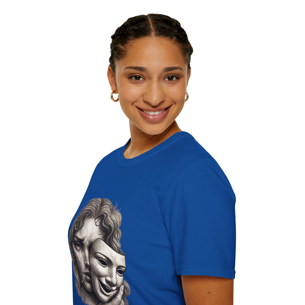 Crying Woman Mask Art T-Shirt | Hidden Emotions Sketch Graphic Tee Unisex Unisex Softstyle T-Shirt