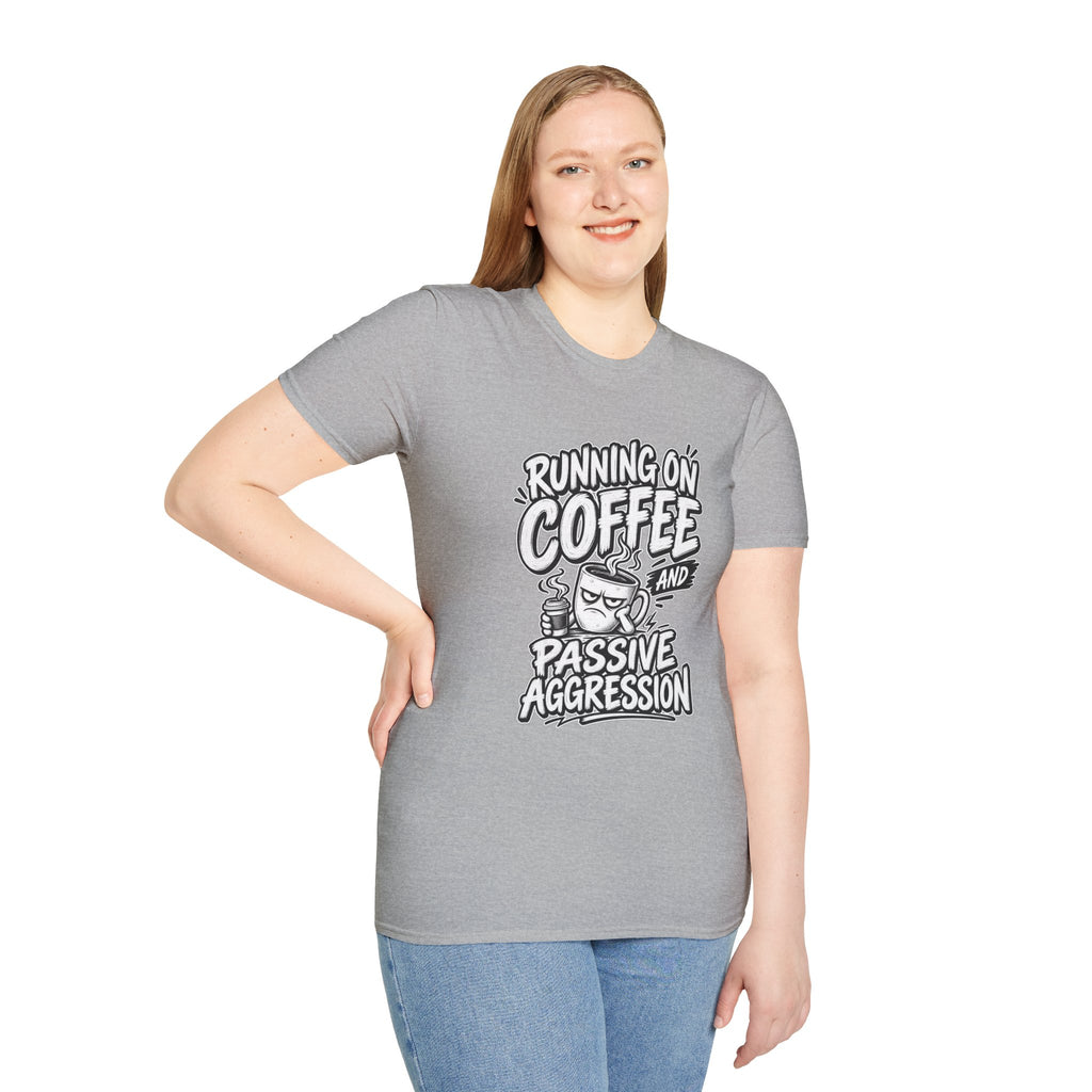Funny Dark Humor Tshirt — Funny Office Tshirt Dark Humor Graphic Tee Unique Coworker Gift  RUNNING ON COFFEE AND PASSIVE AGGRESSION Shirt