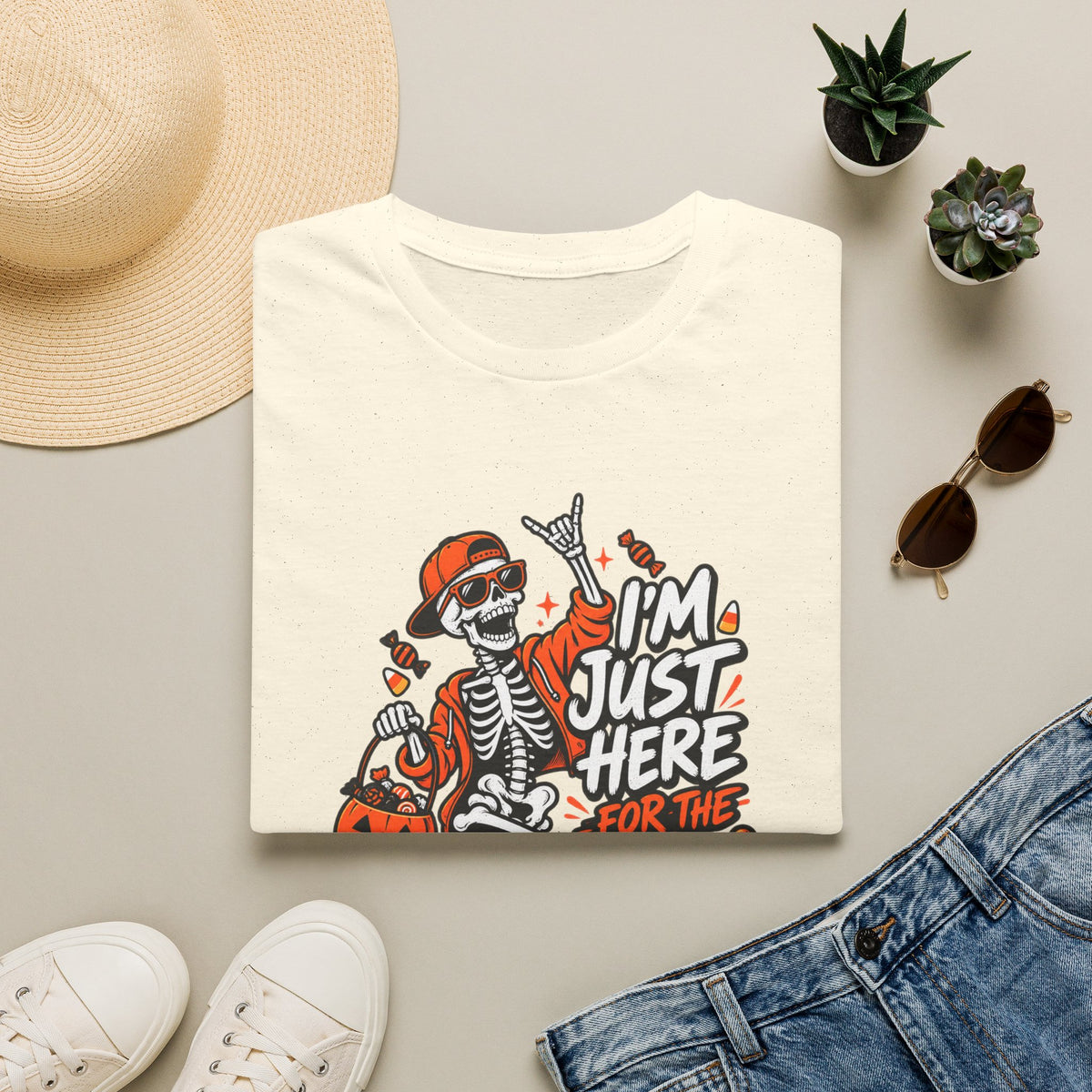 I'm Just Here for the Candy Shirt | Funny Dancing Skeleton Halloween Tee | Dark Humor Graphic T-Shirt