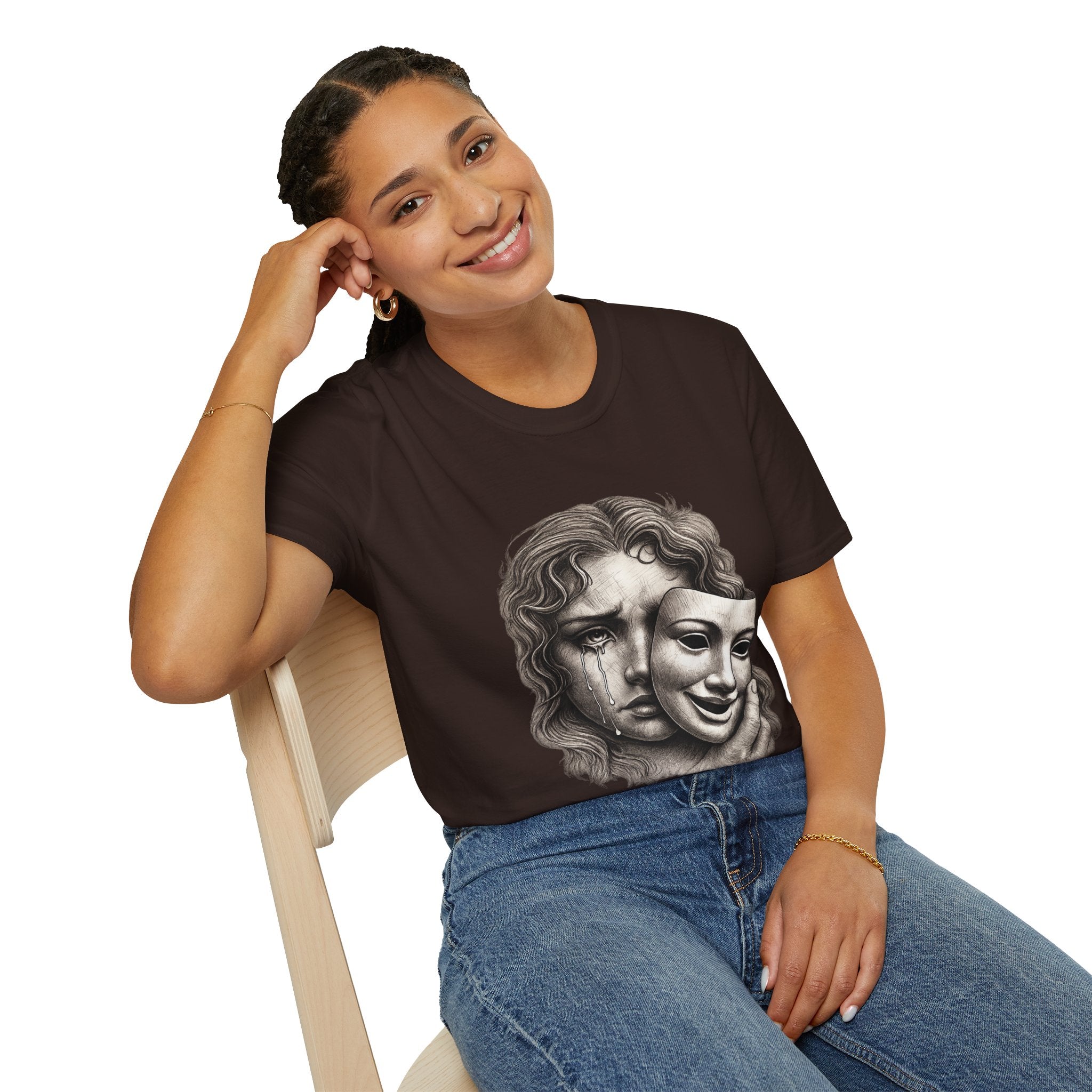 Crying Woman Mask Art T-Shirt | Hidden Emotions Sketch Graphic Tee Unisex Unisex Softstyle T-Shirt