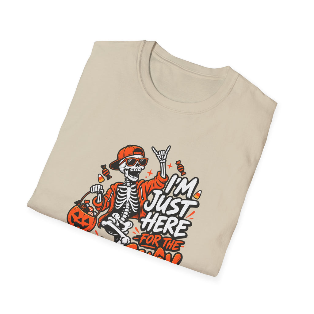 I'm Just Here for the Candy Shirt | Funny Dancing Skeleton Halloween Tee | Dark Humor Graphic T-Shirt
