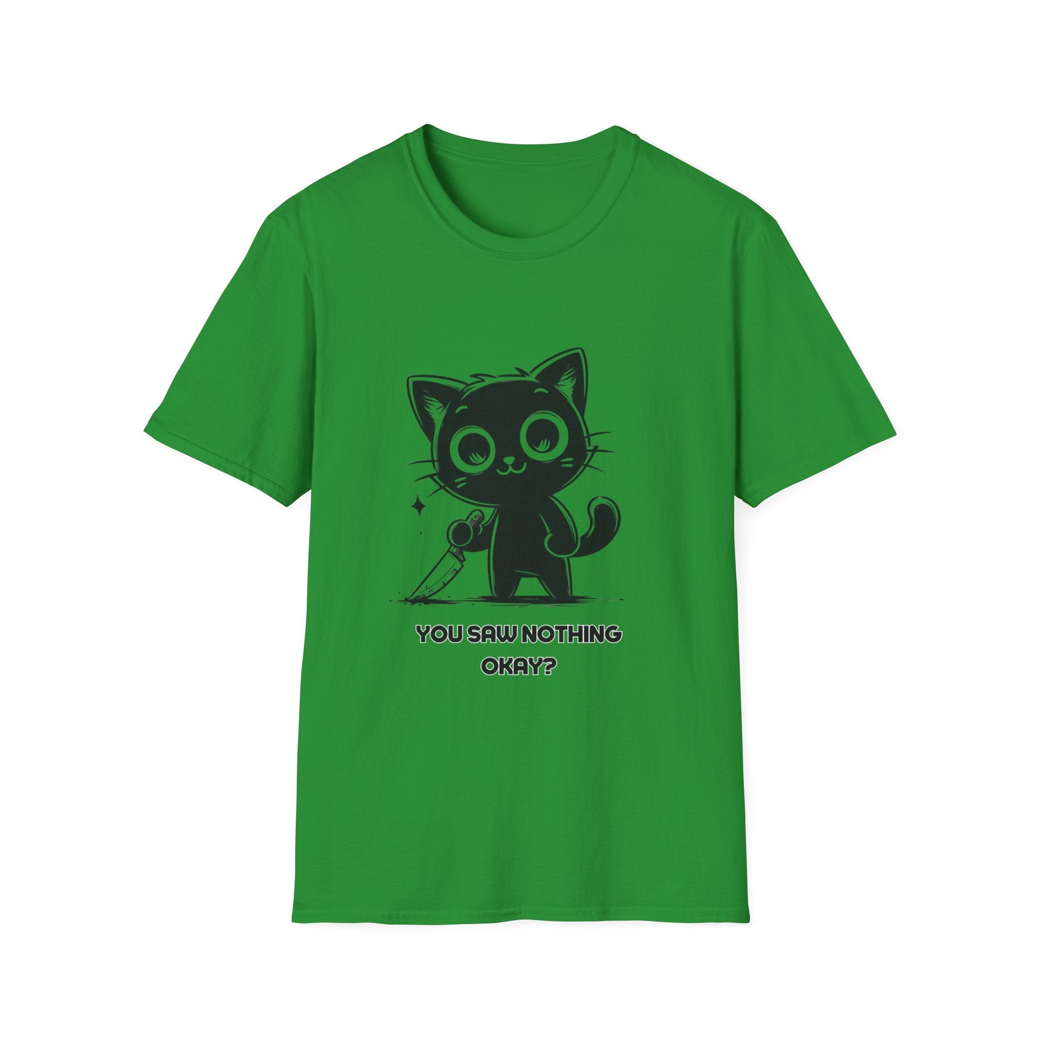 Women's and Men's Funny Cat T-shirt you saw nothing cat with bloody knife Halloween tee Soft Unisex Tshirt Gift for Her