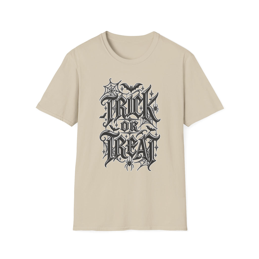 Funny Trick or Treat Gothic Blackletter Shirt | Edgy Spider Web Typography Tee | Minimalist Halloween T-Shirt