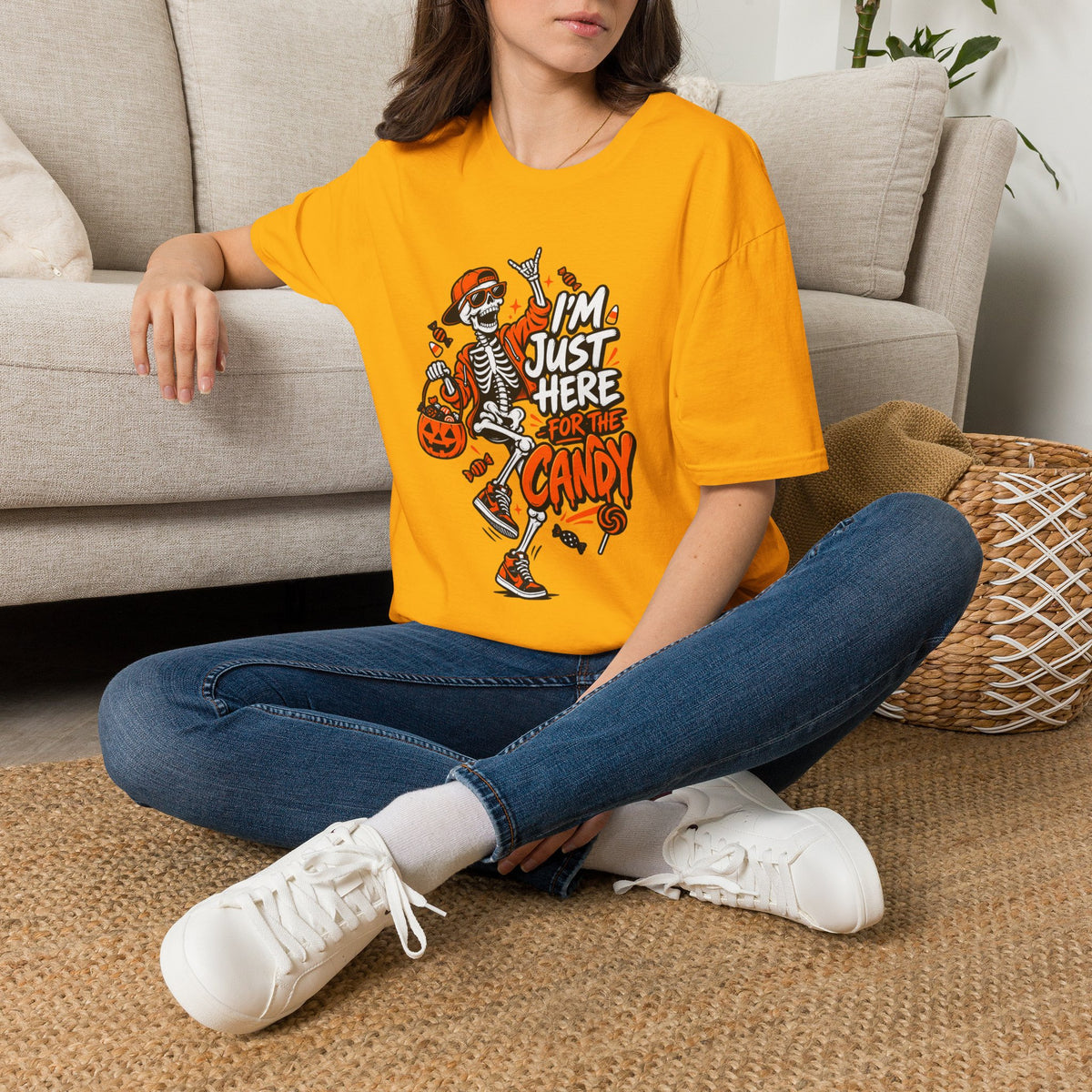 I'm Just Here for the Candy Shirt | Funny Dancing Skeleton Halloween Tee | Dark Humor Graphic T-Shirt
