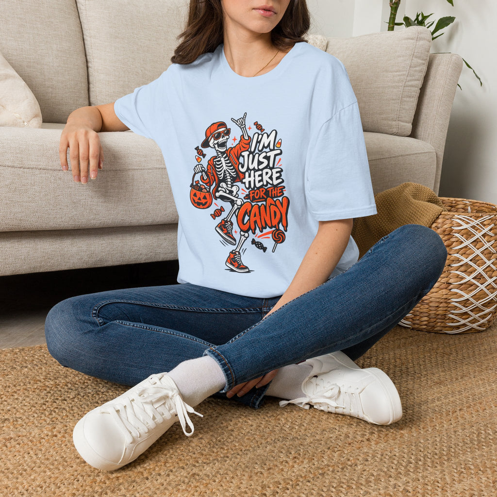 I'm Just Here for the Candy Shirt | Funny Dancing Skeleton Halloween Tee | Dark Humor Graphic T-Shirt