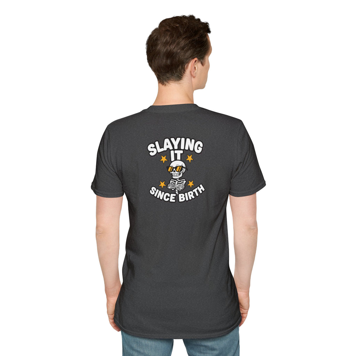 Dark Humor Halloween Shirt Slaying It Since Birth Funny Skeleton Sarcastic Unisex Softstyle Tee Adult Halloween Gift