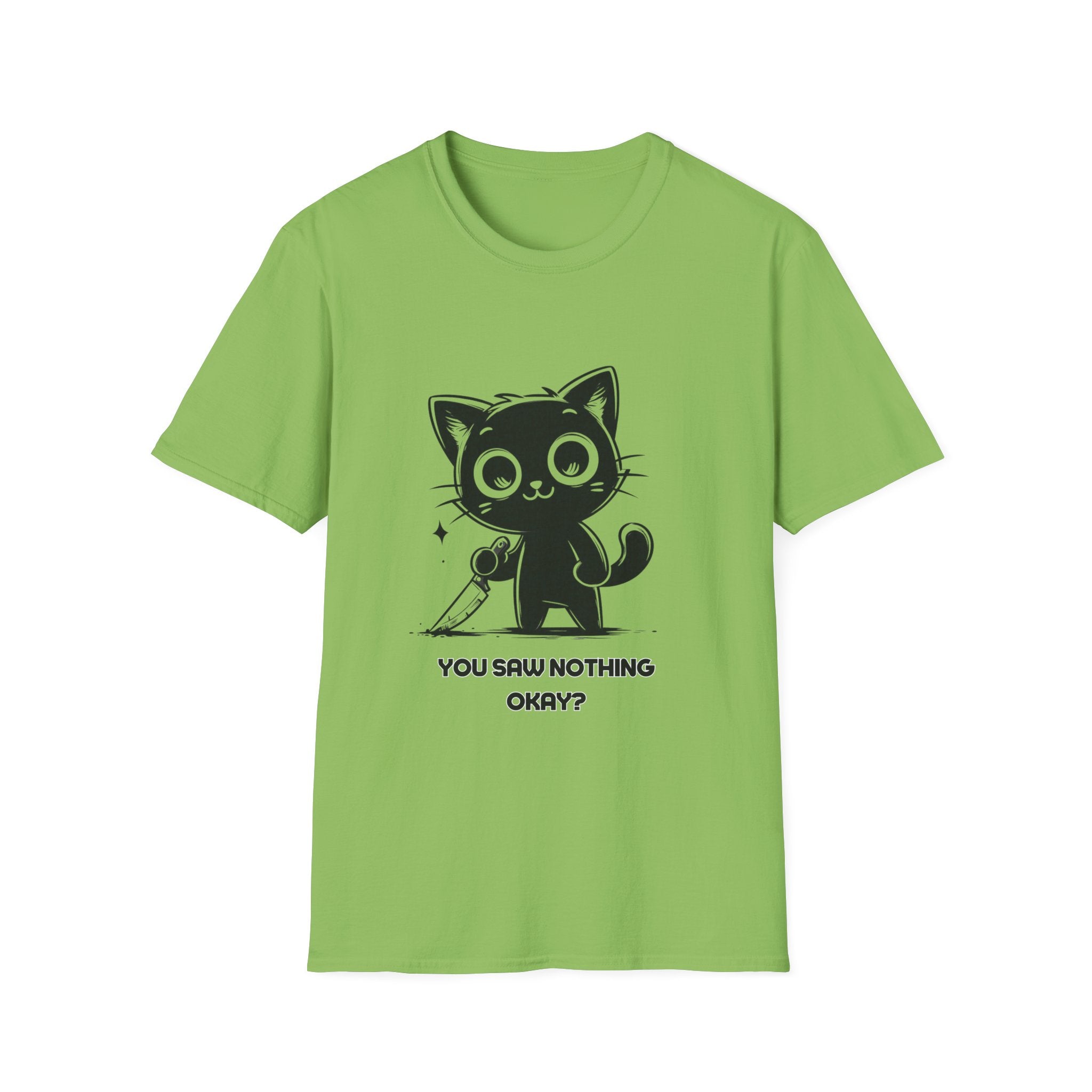 Women's and Men's Funny Cat T-shirt you saw nothing cat with bloody knife Halloween tee Soft Unisex Tshirt Gift for Her