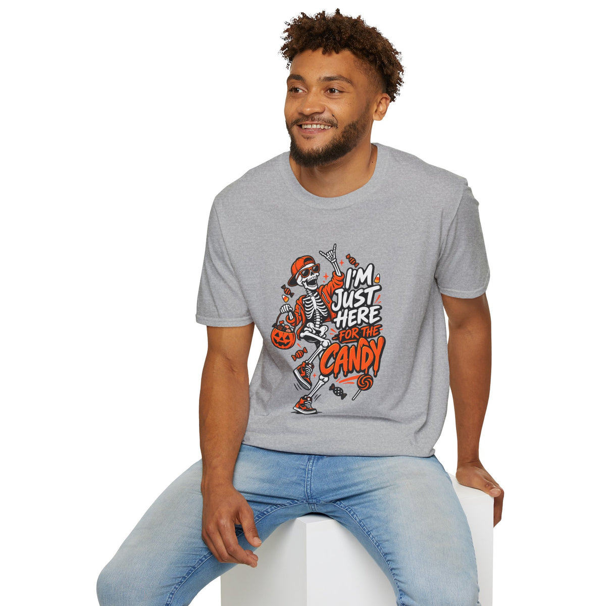 I'm Just Here for the Candy Shirt | Funny Dancing Skeleton Halloween Tee | Dark Humor Graphic T-Shirt