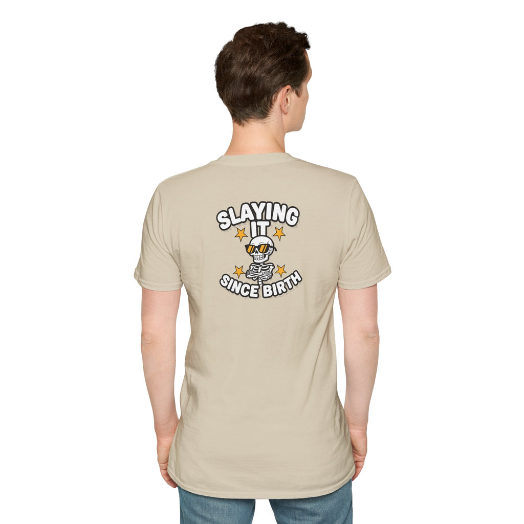 Dark Humor Halloween Shirt Slaying It Since Birth Funny Skeleton Sarcastic Unisex Softstyle Tee Adult Halloween Gift
