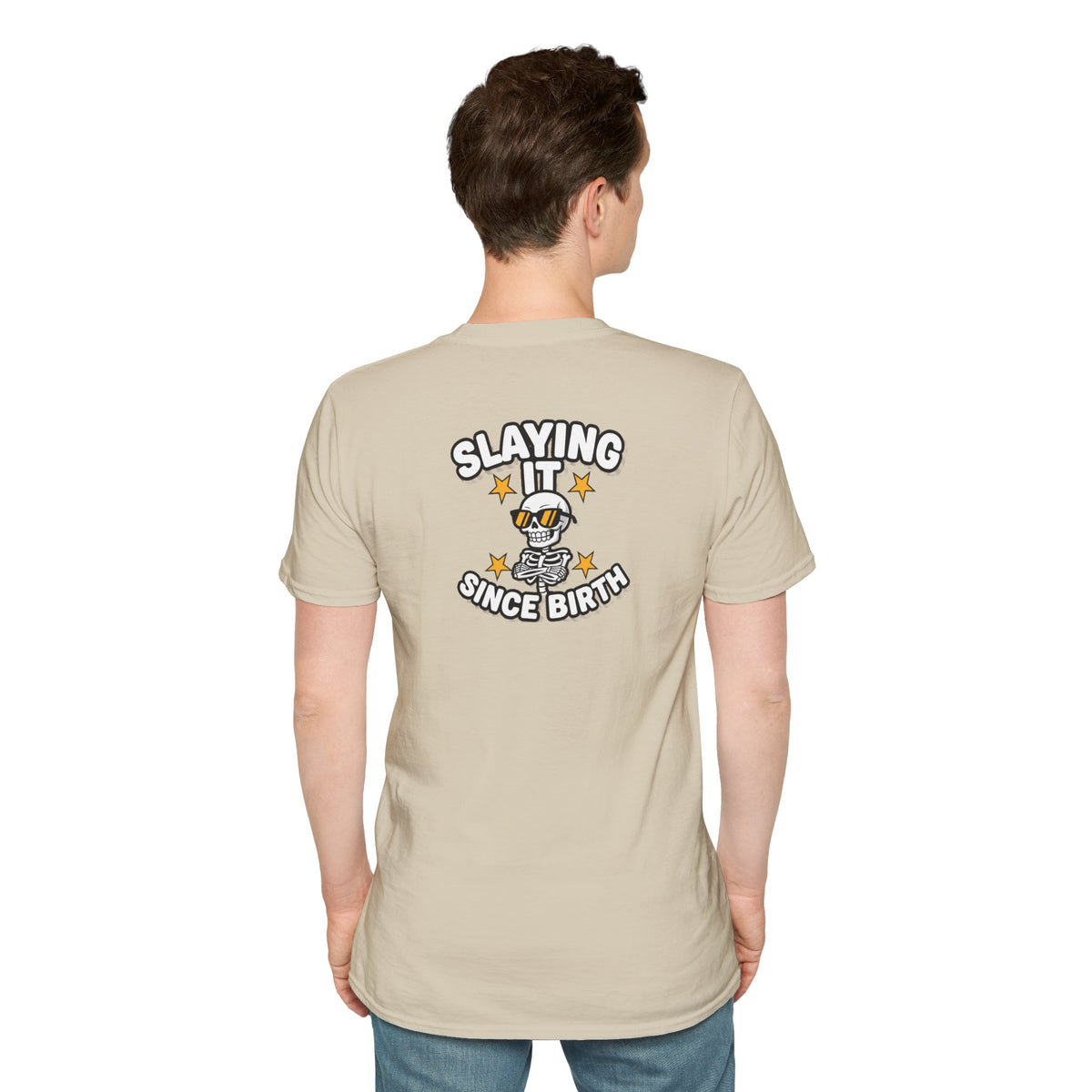 Dark Humor Halloween Shirt Slaying It Since Birth Funny Skeleton Sarcastic Unisex Softstyle Tee Adult Halloween Gift