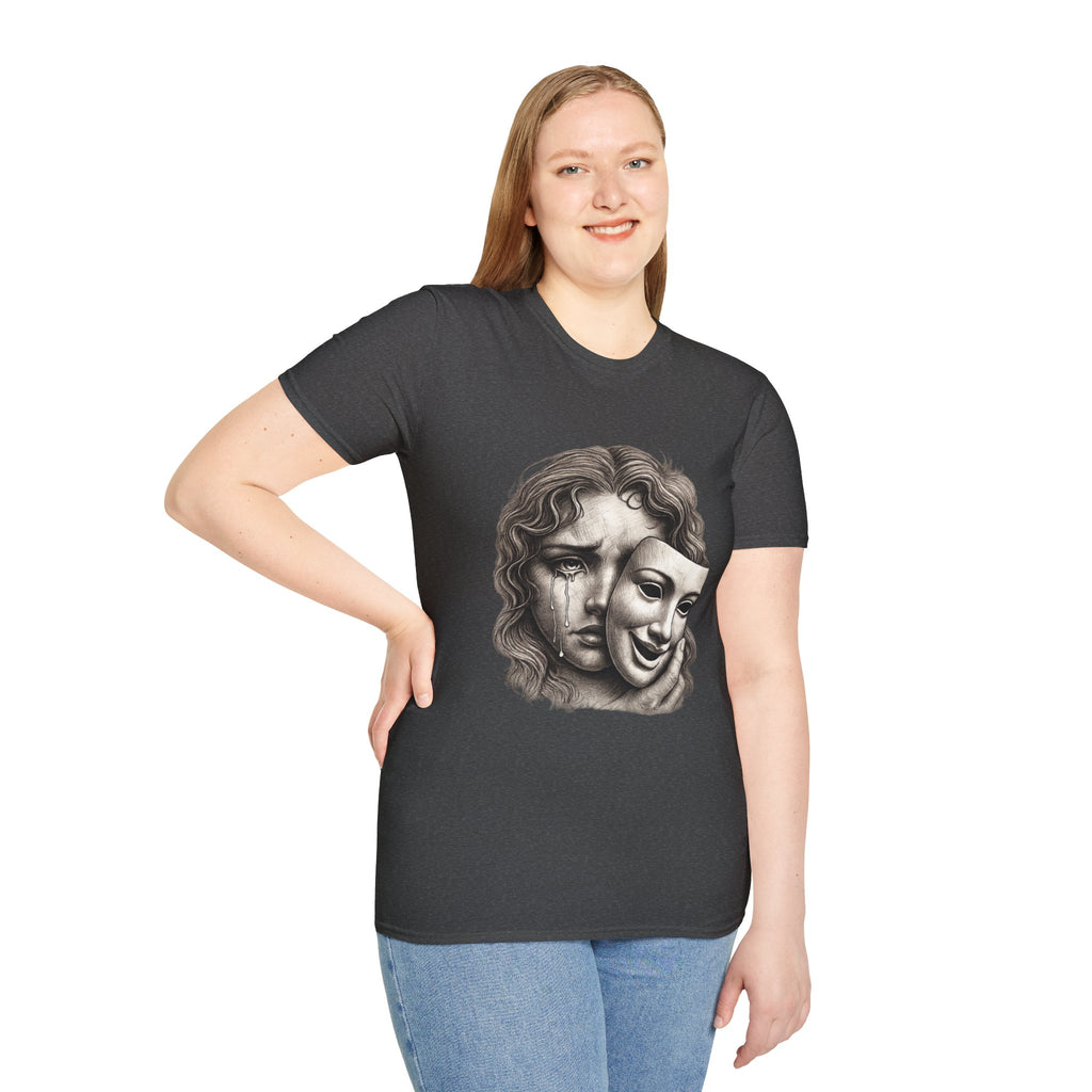 Crying Woman Mask Art T-Shirt | Hidden Emotions Sketch Graphic Tee Unisex Unisex Softstyle T-Shirt