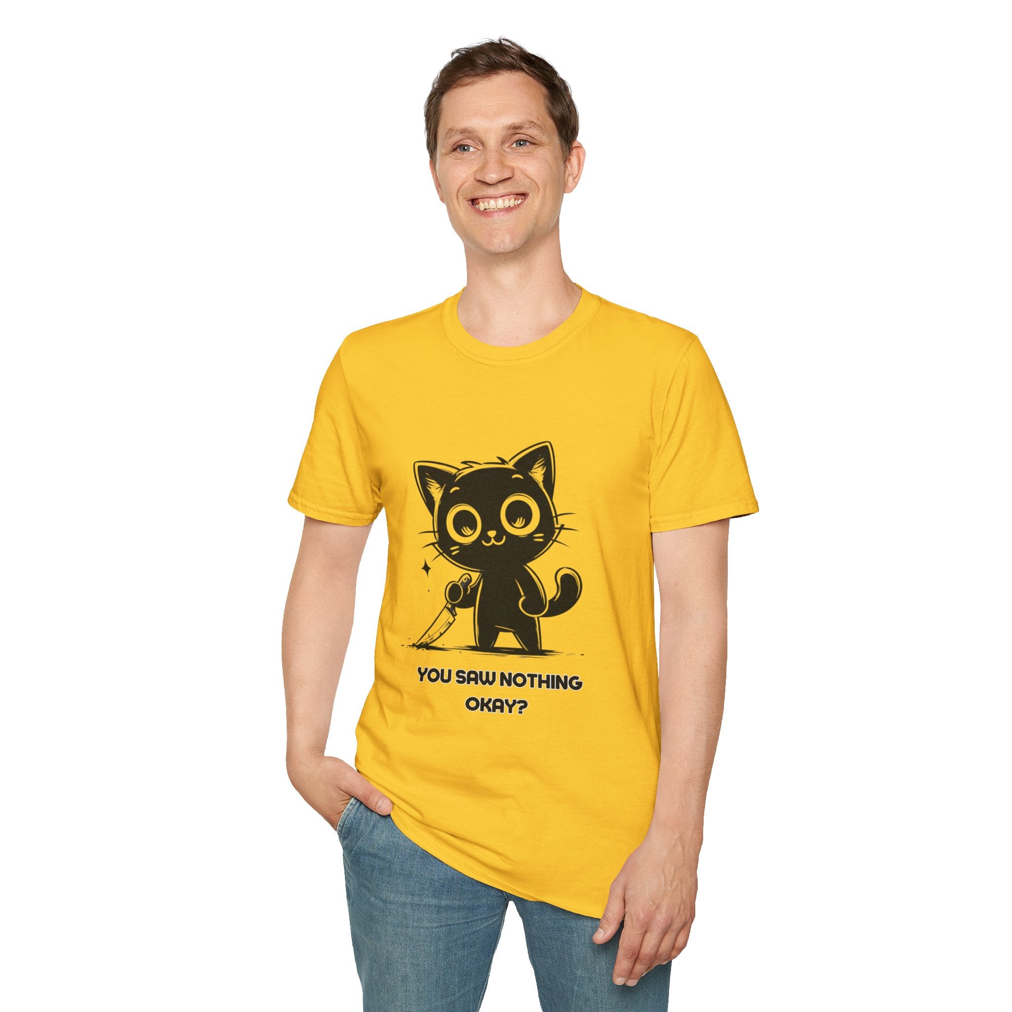 Women's and Men's Funny Cat T-shirt you saw nothing cat with bloody knife Halloween tee Soft Unisex Tshirt Gift for Her