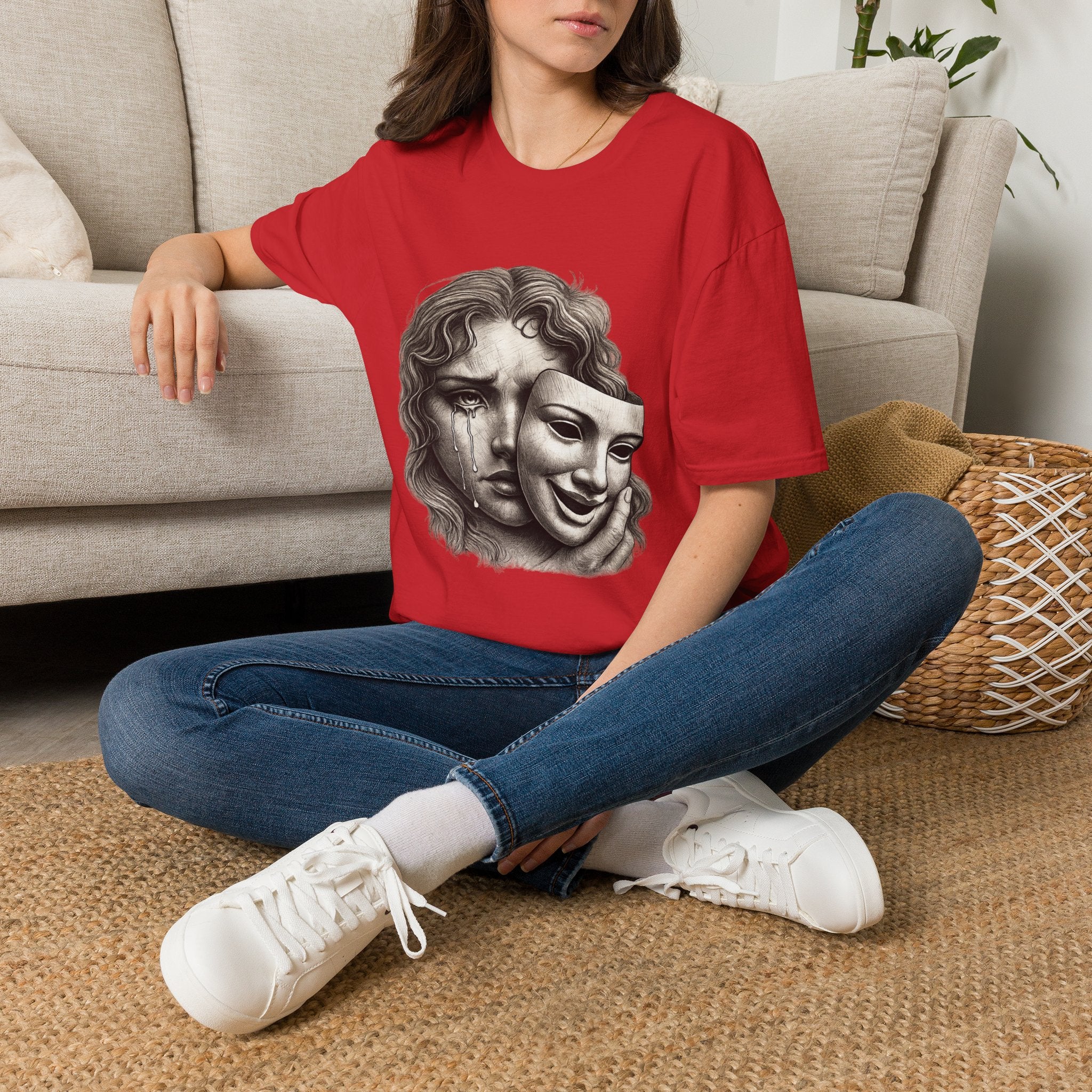 Crying Woman Mask Art T-Shirt | Hidden Emotions Sketch Graphic Tee Unisex Unisex Softstyle T-Shirt