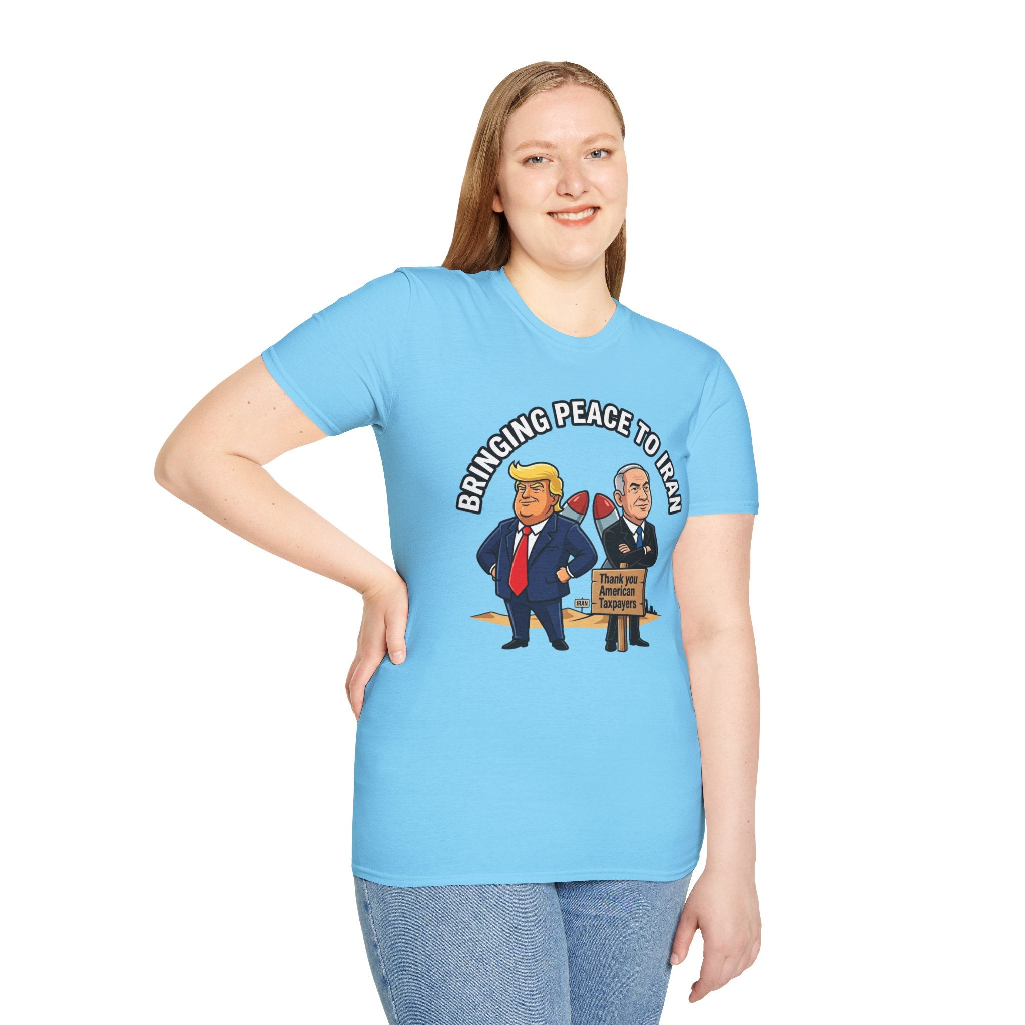 Trump T-Shirt Benjamin Netanyahu Iran War Satiric Mens Unisex Softstyle T-Shirt