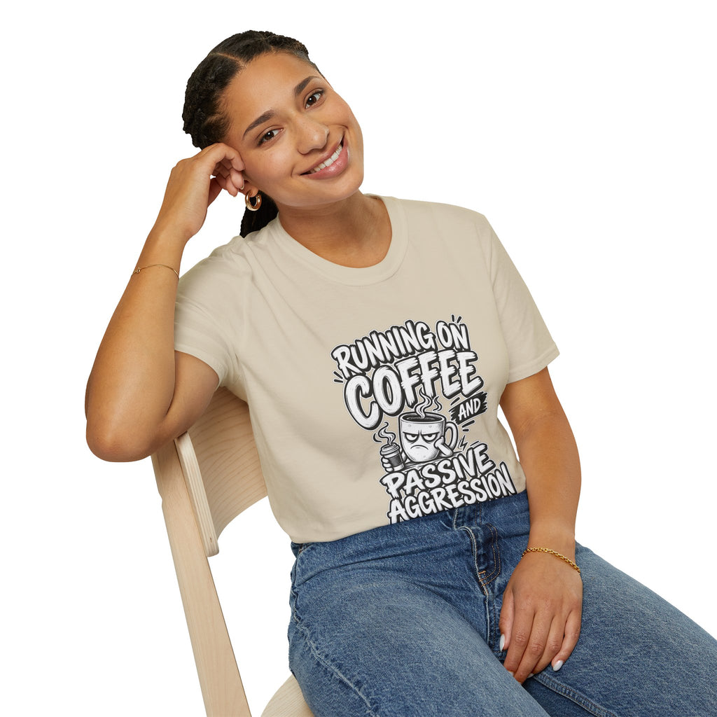 Funny Dark Humor Tshirt — Funny Office Tshirt Dark Humor Graphic Tee Unique Coworker Gift  RUNNING ON COFFEE AND PASSIVE AGGRESSION Shirt