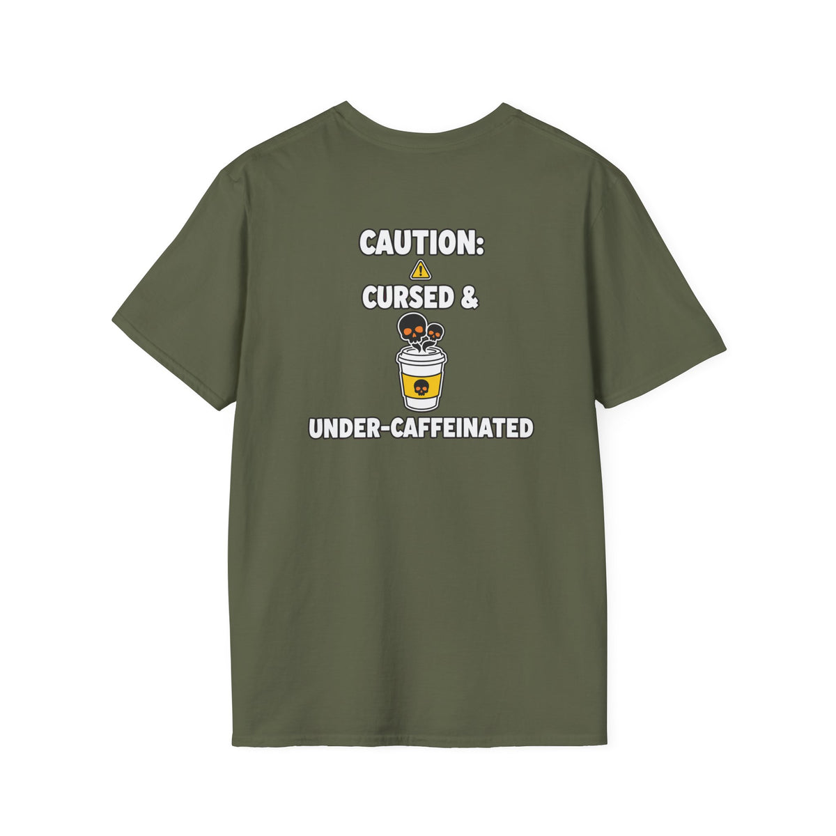 Dark Humor Halloween Shirt Caution Cursed And Under Caffeinated Funny Coffee Sarcastic Unisex Softstyle Tee Adult Halloween Gift