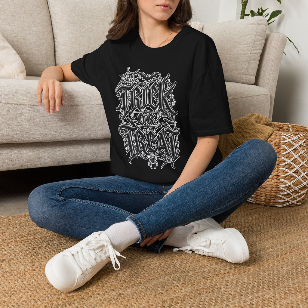 Funny Trick or Treat Gothic Blackletter Shirt | Edgy Spider Web Typography Tee | Minimalist Halloween T-Shirt