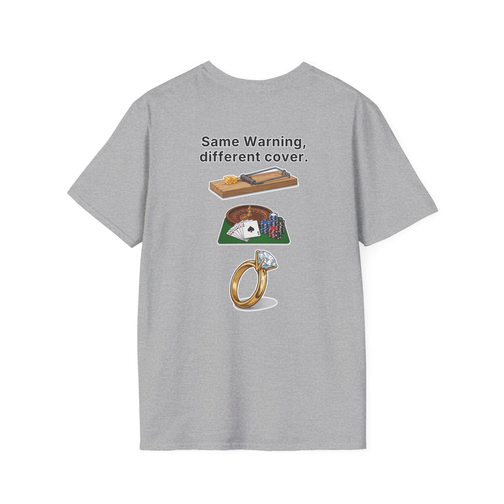 Funny Marriage T-Shirt Same Warning Different Cover Mousetrap Casino Ring Wedding Humor Shirt Groom Bachelor Party Tee