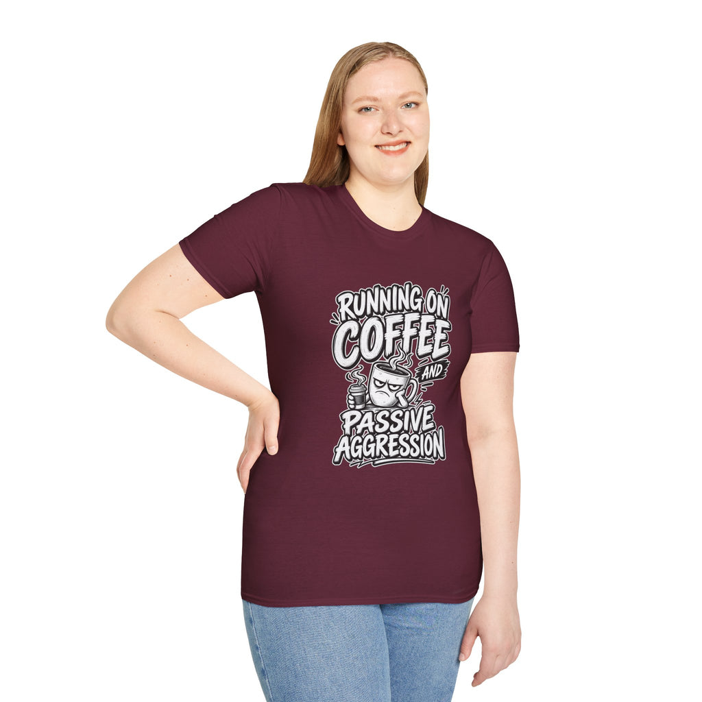 Funny Dark Humor Tshirt — Funny Office Tshirt Dark Humor Graphic Tee Unique Coworker Gift  RUNNING ON COFFEE AND PASSIVE AGGRESSION Shirt