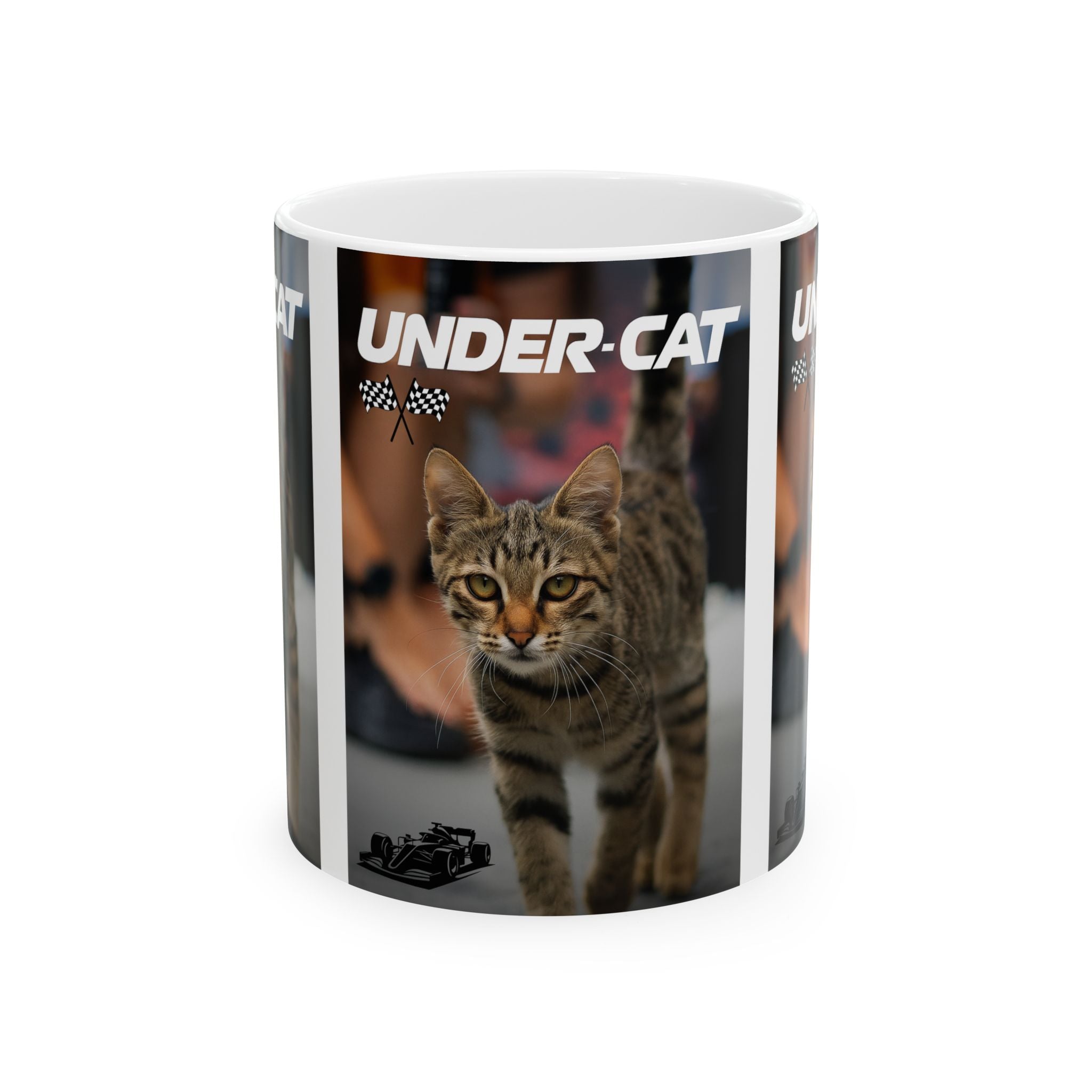 Under-Cat Funny F1 Cat Unique Gift for Fans Coffee Cup Ceramic Tea Mug Baku Race 11oz