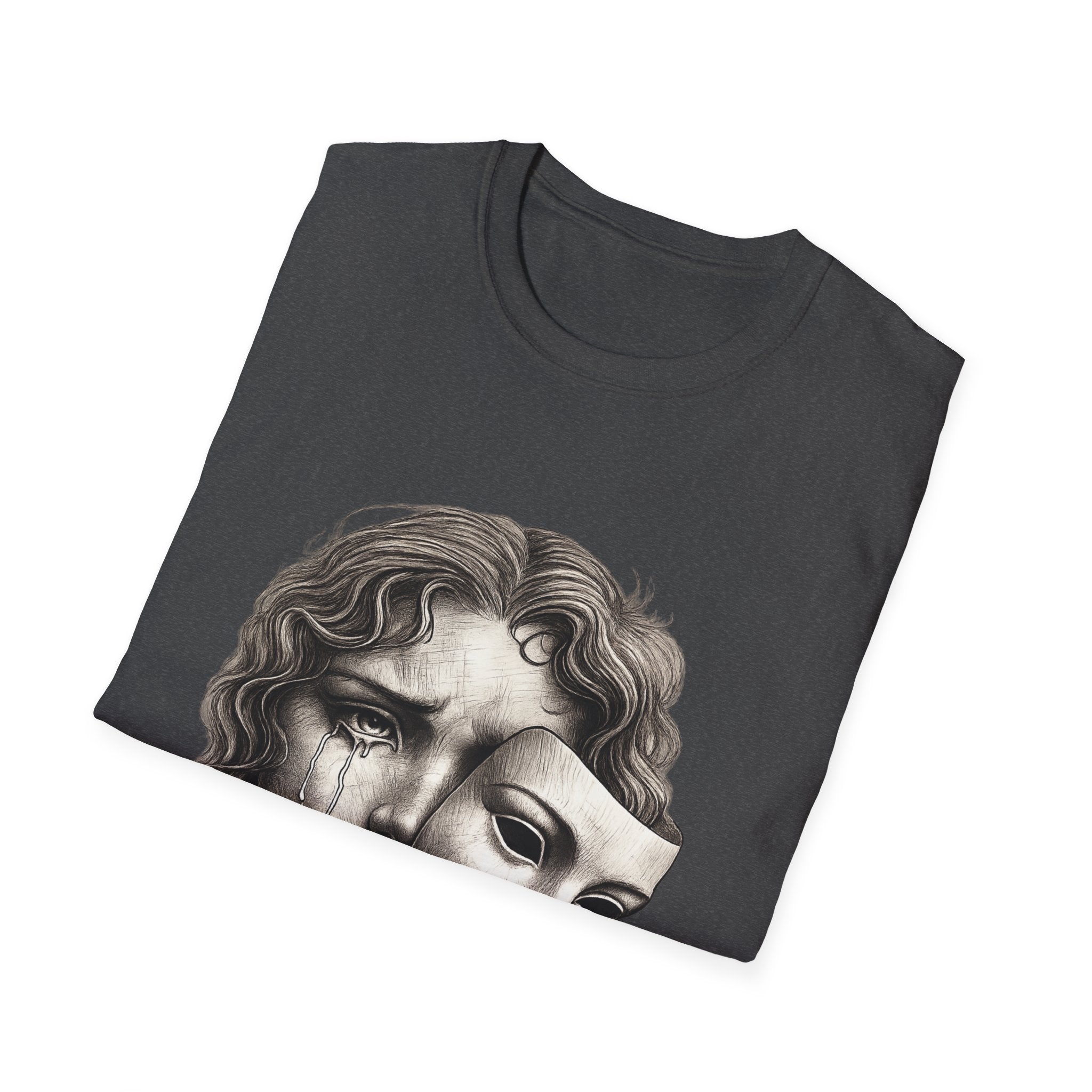 Crying Woman Mask Art T-Shirt | Hidden Emotions Sketch Graphic Tee Unisex Unisex Softstyle T-Shirt