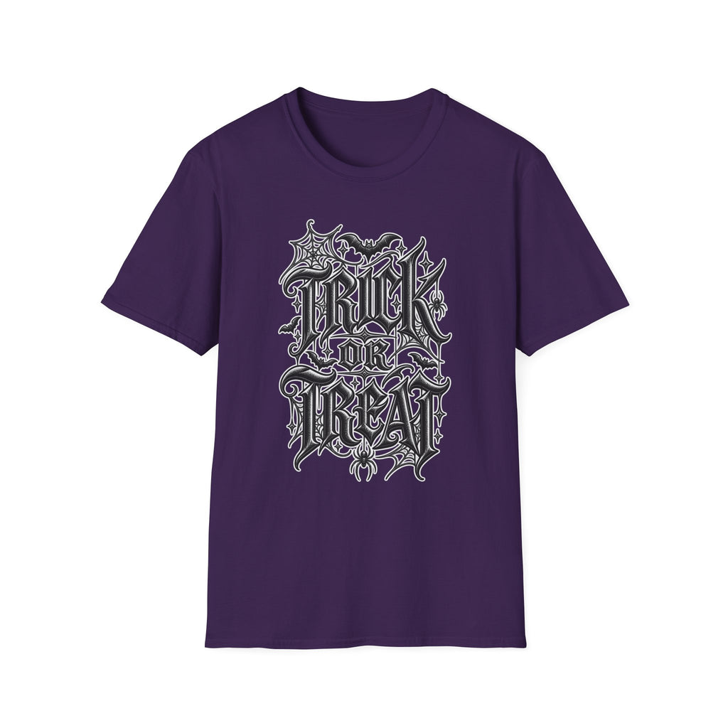 Funny Trick or Treat Gothic Blackletter Shirt | Edgy Spider Web Typography Tee | Minimalist Halloween T-Shirt