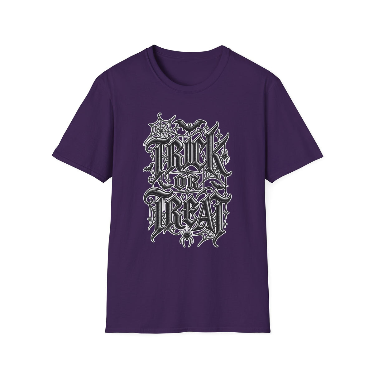 Funny Trick or Treat Gothic Blackletter Shirt | Edgy Spider Web Typography Tee | Minimalist Halloween T-Shirt