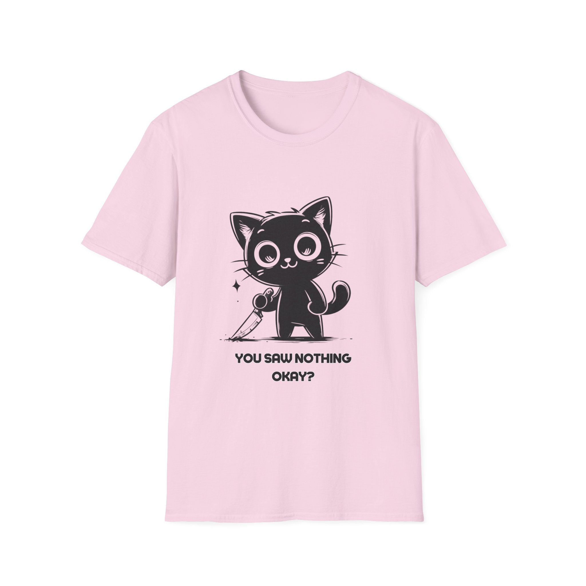 Women's and Men's Funny Cat T-shirt you saw nothing cat with bloody knife Halloween tee Soft Unisex Tshirt Gift for Her