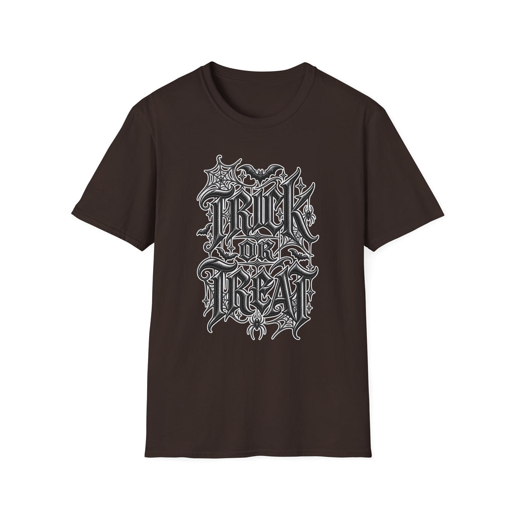 Funny Trick or Treat Gothic Blackletter Shirt | Edgy Spider Web Typography Tee | Minimalist Halloween T-Shirt