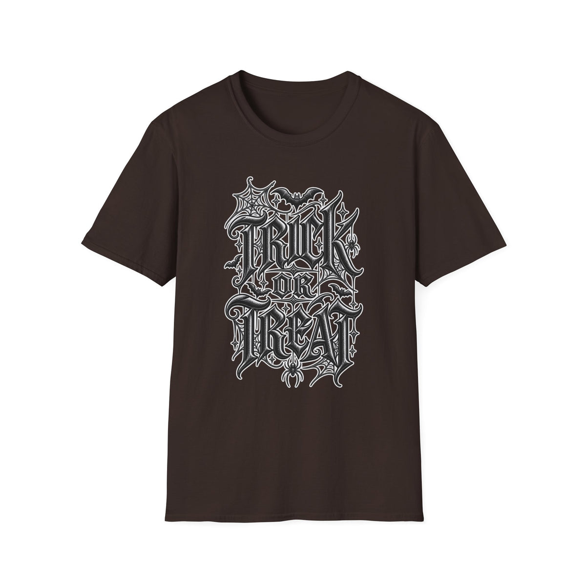 Funny Trick or Treat Gothic Blackletter Shirt | Edgy Spider Web Typography Tee | Minimalist Halloween T-Shirt