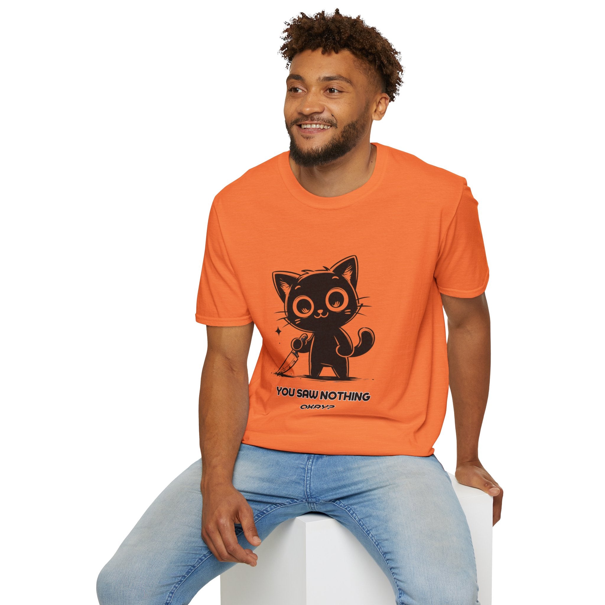 Women's and Men's Funny Cat T-shirt you saw nothing cat with bloody knife Halloween tee Soft Unisex Tshirt Gift for Her