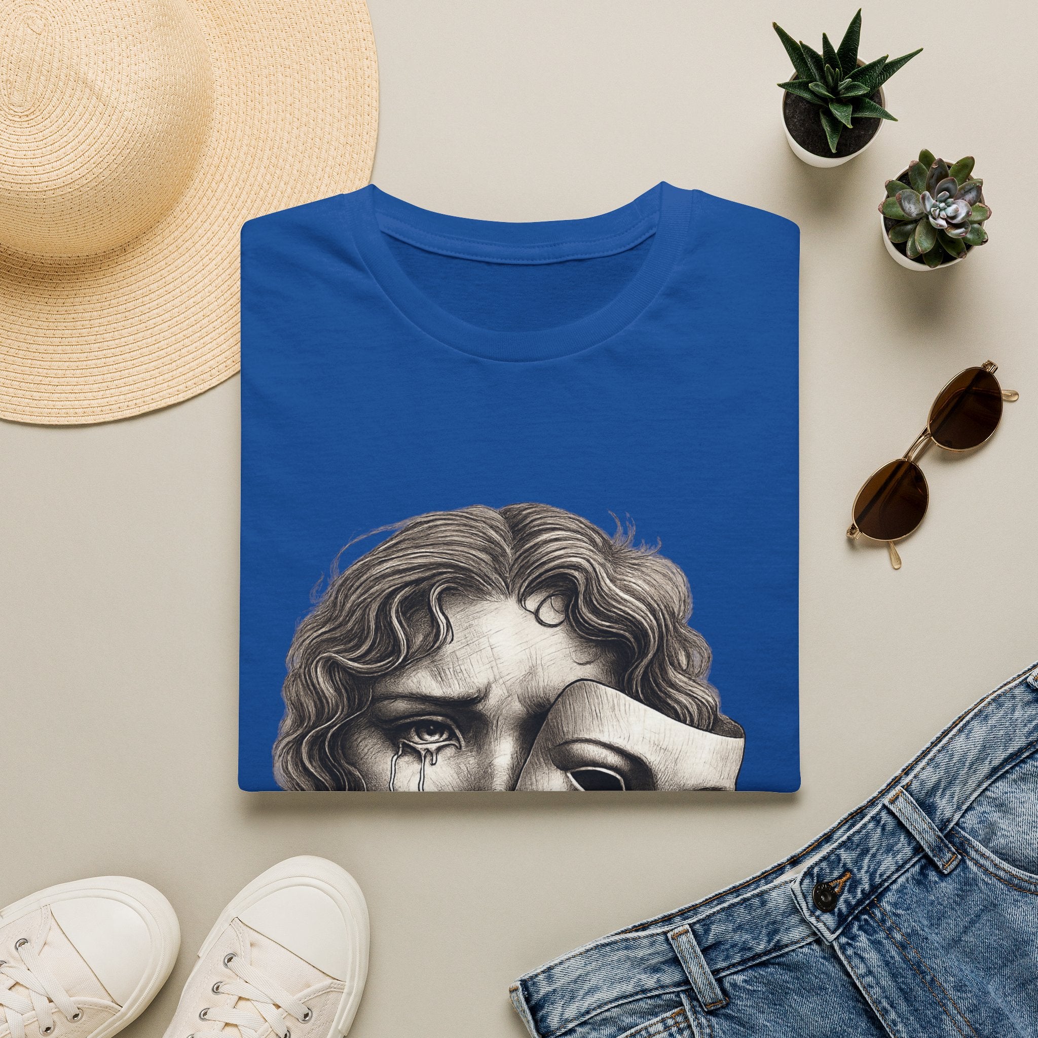 Crying Woman Mask Art T-Shirt | Hidden Emotions Sketch Graphic Tee Unisex Unisex Softstyle T-Shirt