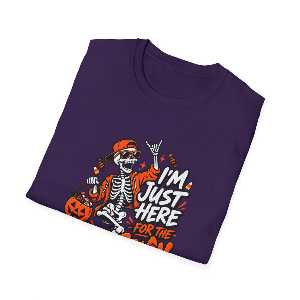 I'm Just Here for the Candy Shirt | Funny Dancing Skeleton Halloween Tee | Dark Humor Graphic T-Shirt