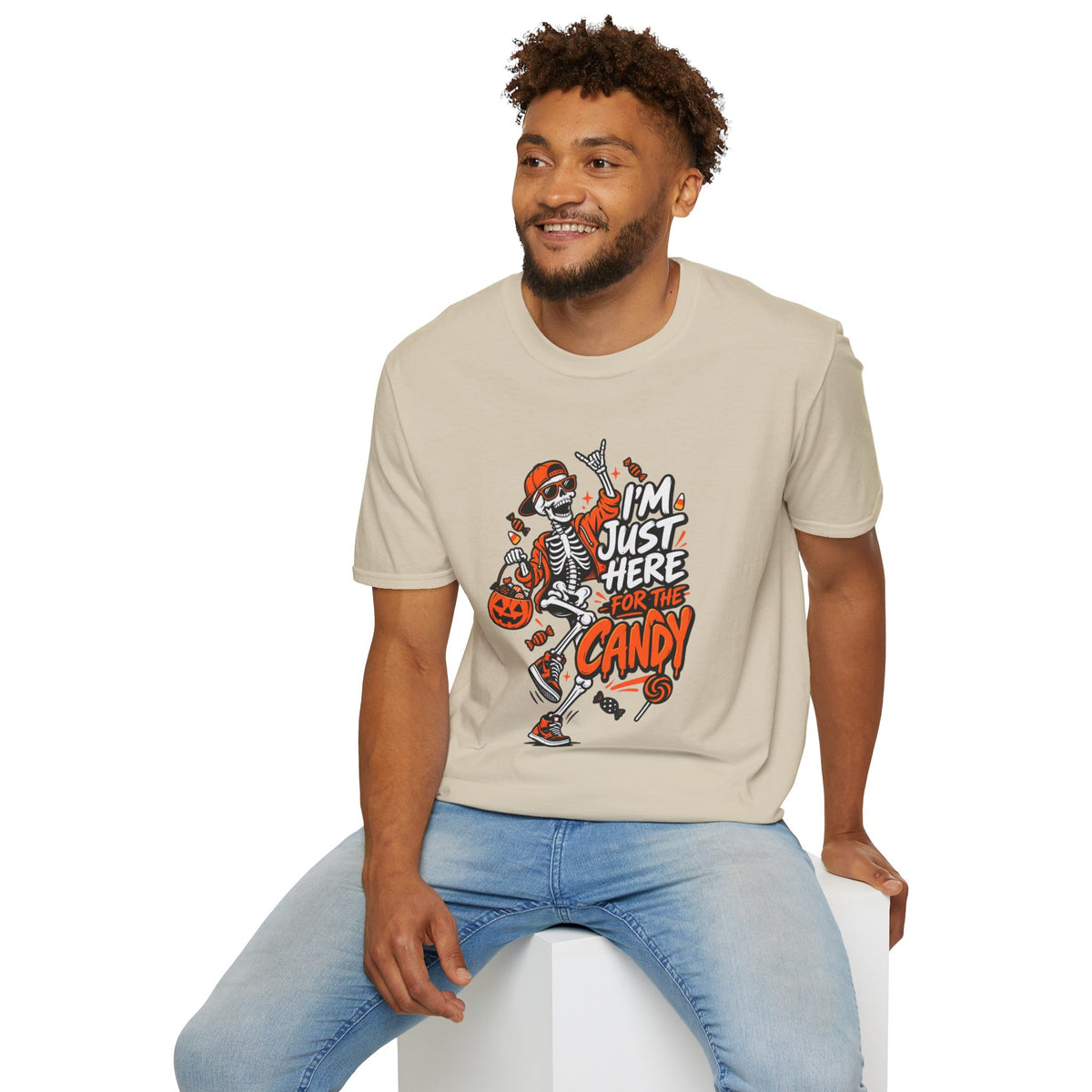 I'm Just Here for the Candy Shirt | Funny Dancing Skeleton Halloween Tee | Dark Humor Graphic T-Shirt