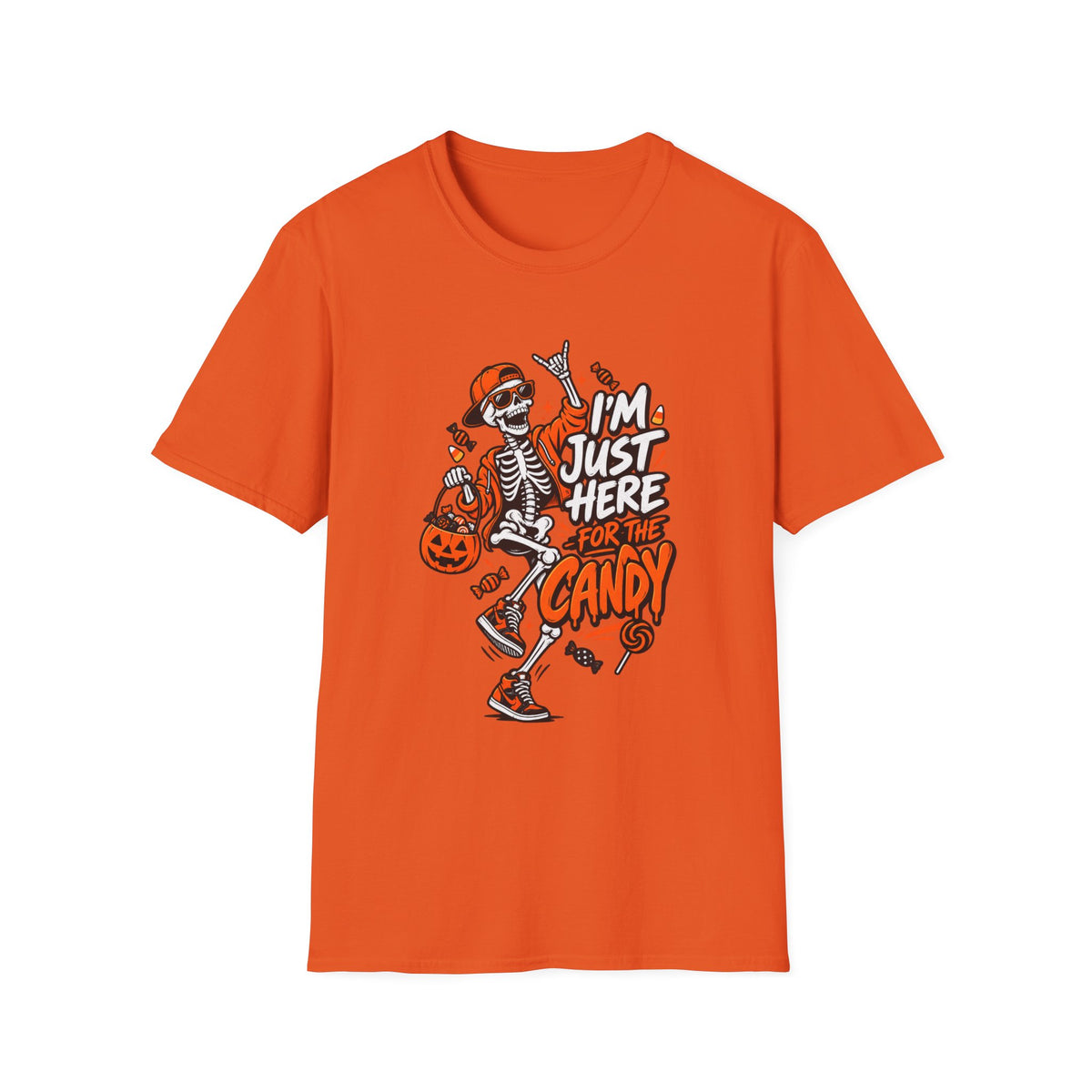 I'm Just Here for the Candy Shirt | Funny Dancing Skeleton Halloween Tee | Dark Humor Graphic T-Shirt