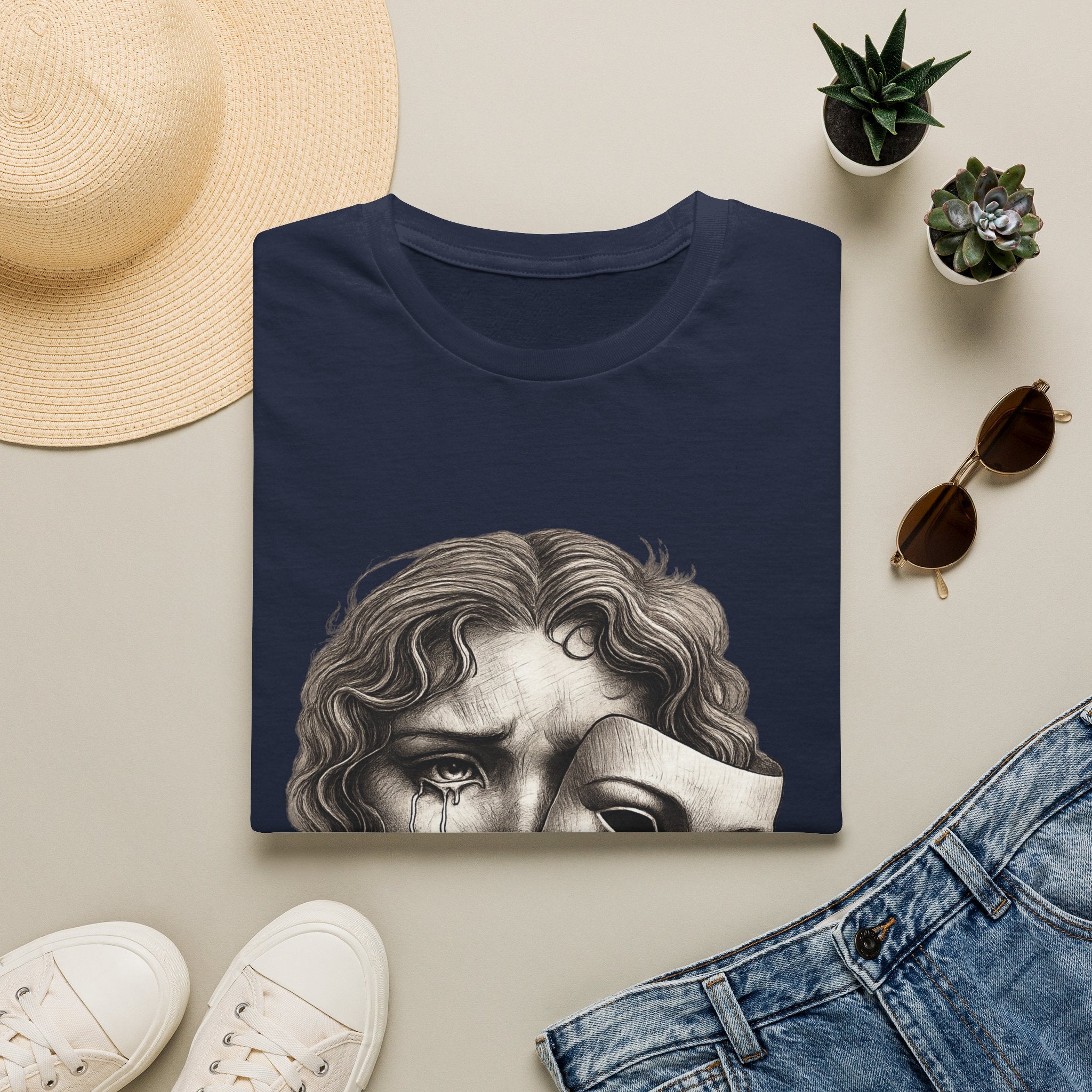 Crying Woman Mask Art T-Shirt | Hidden Emotions Sketch Graphic Tee Unisex Unisex Softstyle T-Shirt