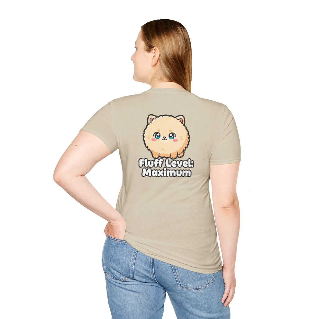 Cute Dog Pomeranian Shirt Fluff Level: Maximum Funny Dog Lover Unisex Softstyle Tee Gift