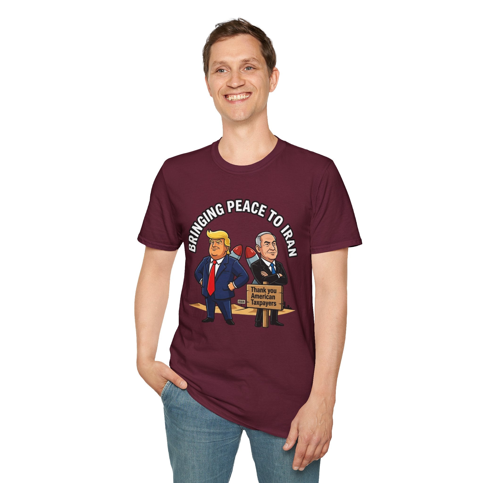 Trump T-Shirt Benjamin Netanyahu Iran War Satiric Mens Unisex Softstyle T-Shirt