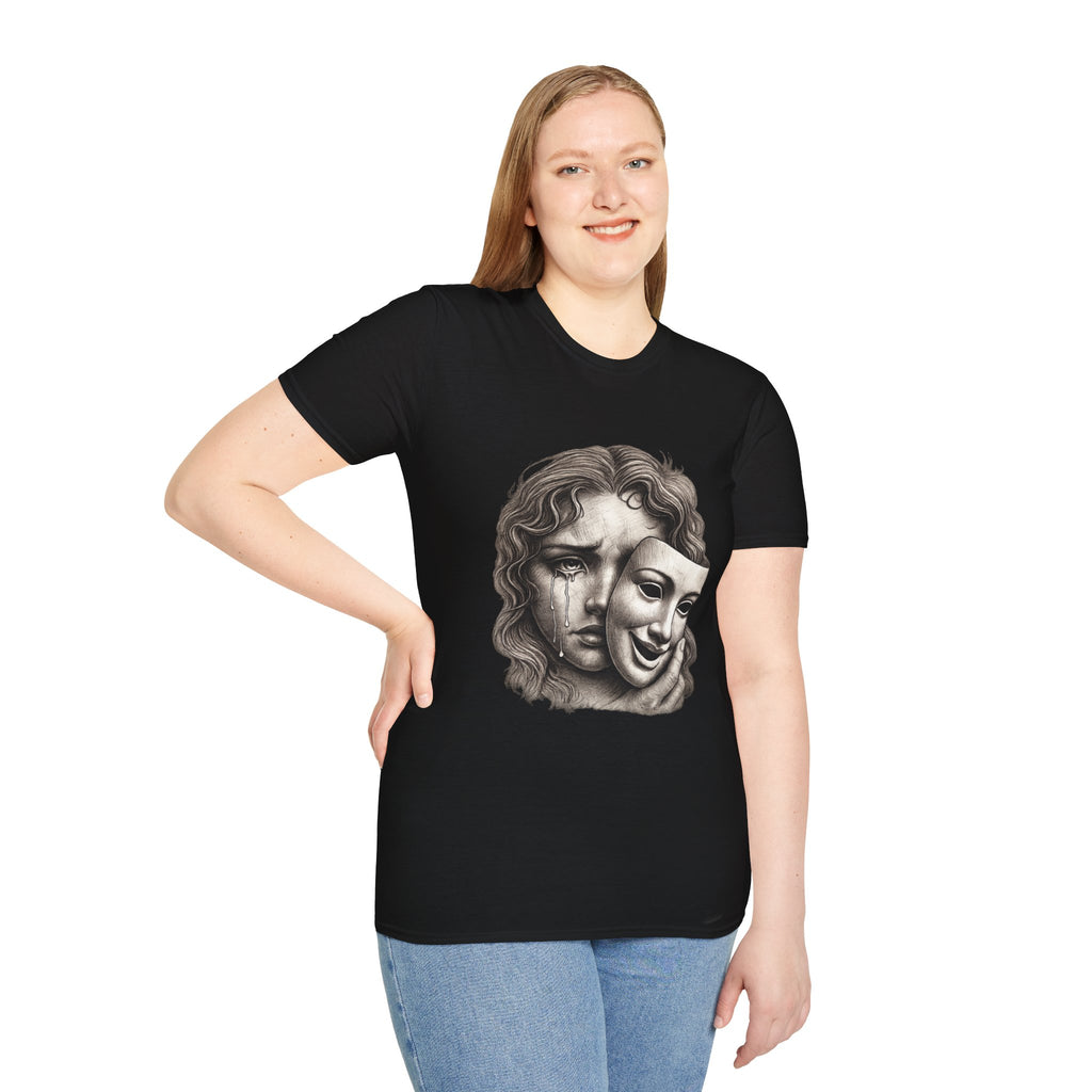 Crying Woman Mask Art T-Shirt | Hidden Emotions Sketch Graphic Tee Unisex Unisex Softstyle T-Shirt