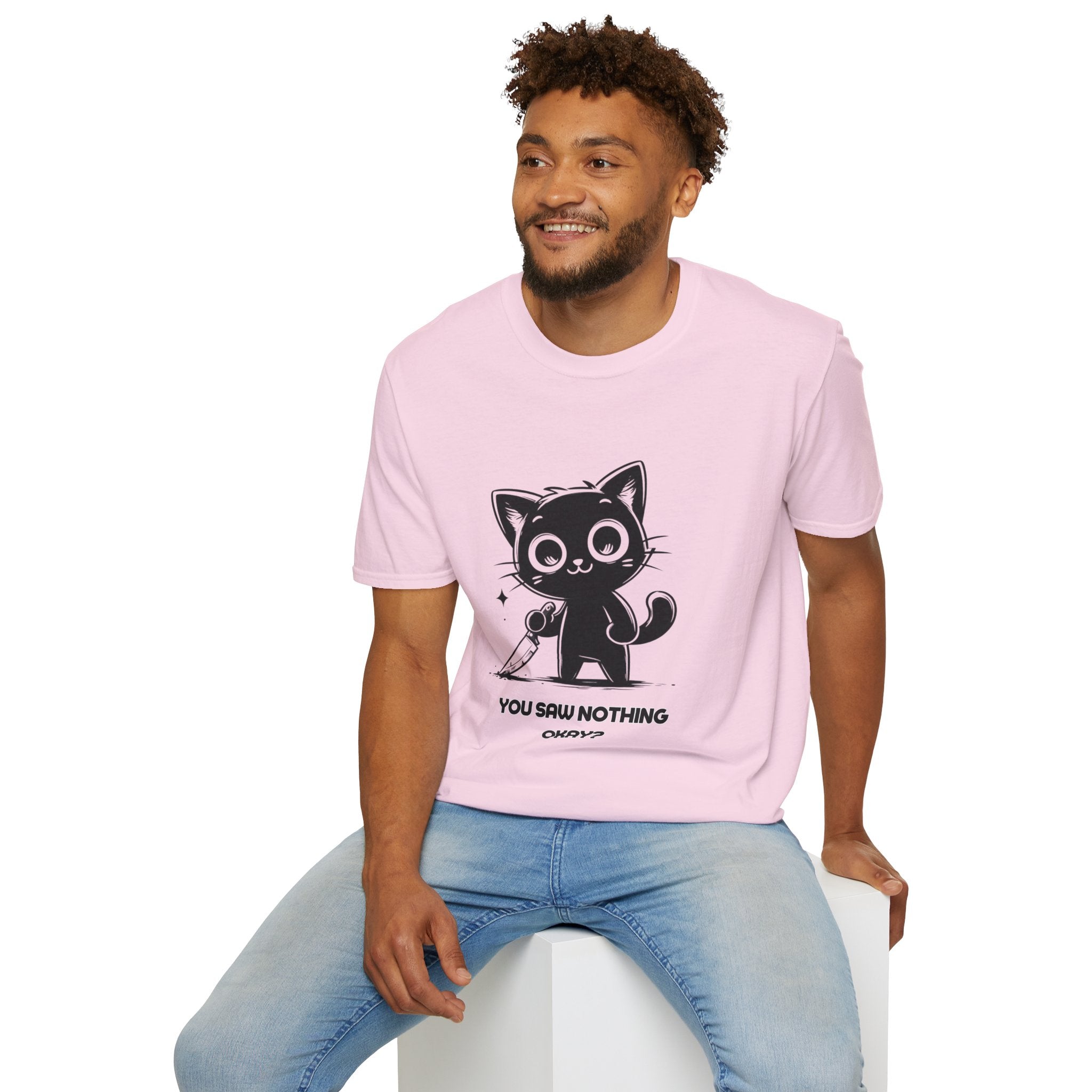 Women's and Men's Funny Cat T-shirt you saw nothing cat with bloody knife Halloween tee Soft Unisex Tshirt Gift for Her