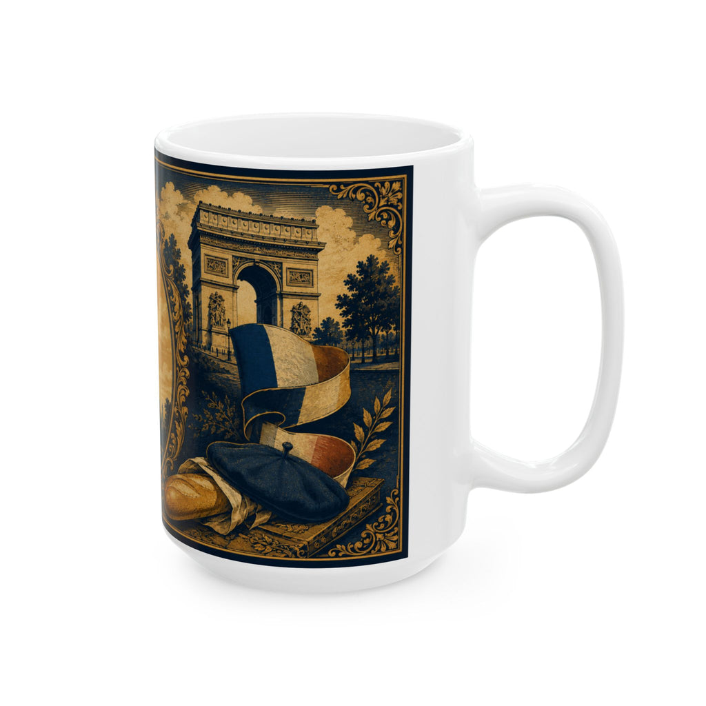 Ceramic Travel Mug Vintage France Emblem Mug Eiffel Tower Fleur de Lis Coffee Cup Gift