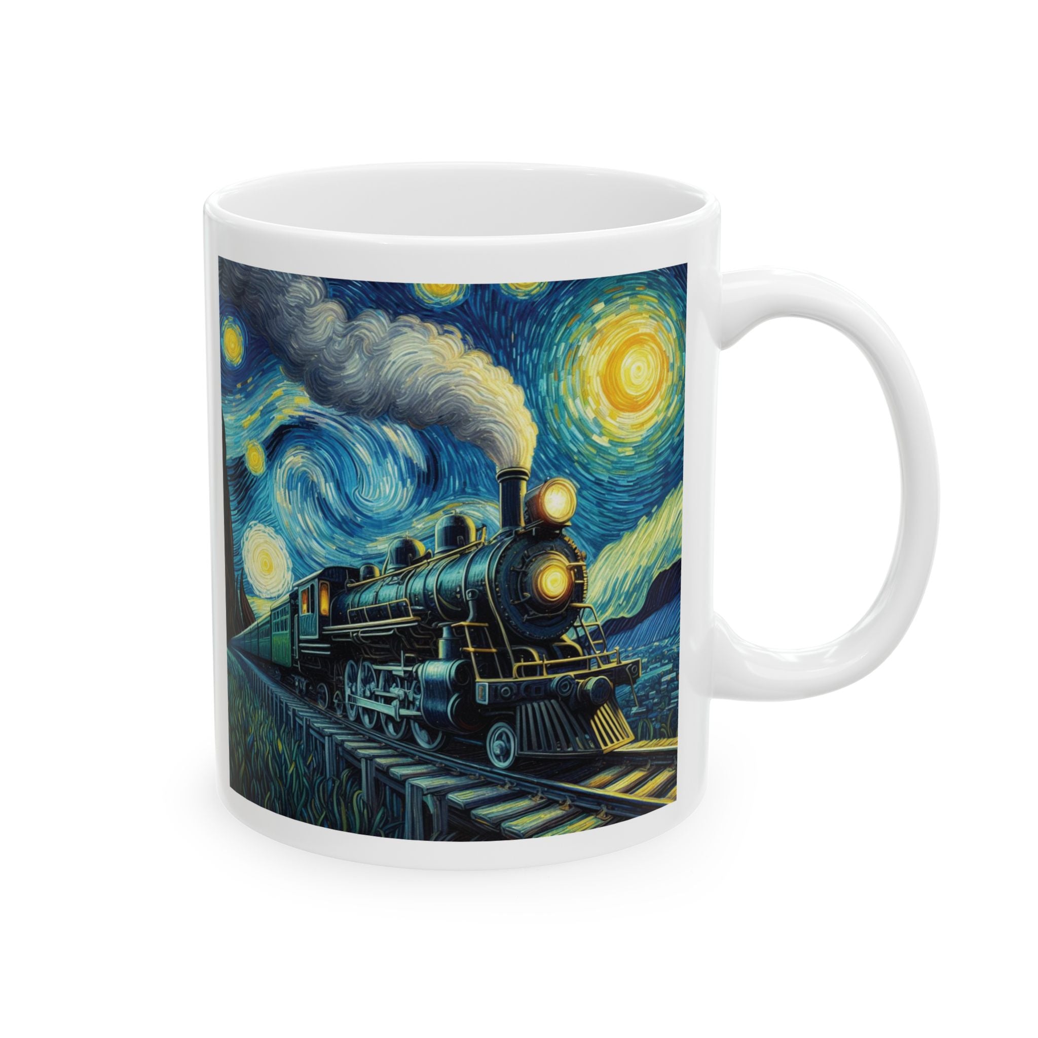 Stunning Steam Train Mug Van Gogh Starry Night Tea Coffee Cup Unique Gift Art AI