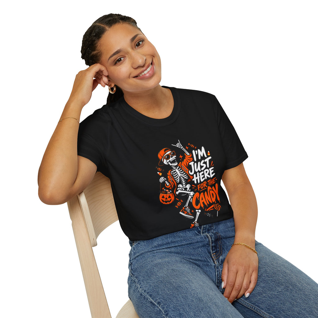 I'm Just Here for the Candy Shirt | Funny Dancing Skeleton Halloween Tee | Dark Humor Graphic T-Shirt