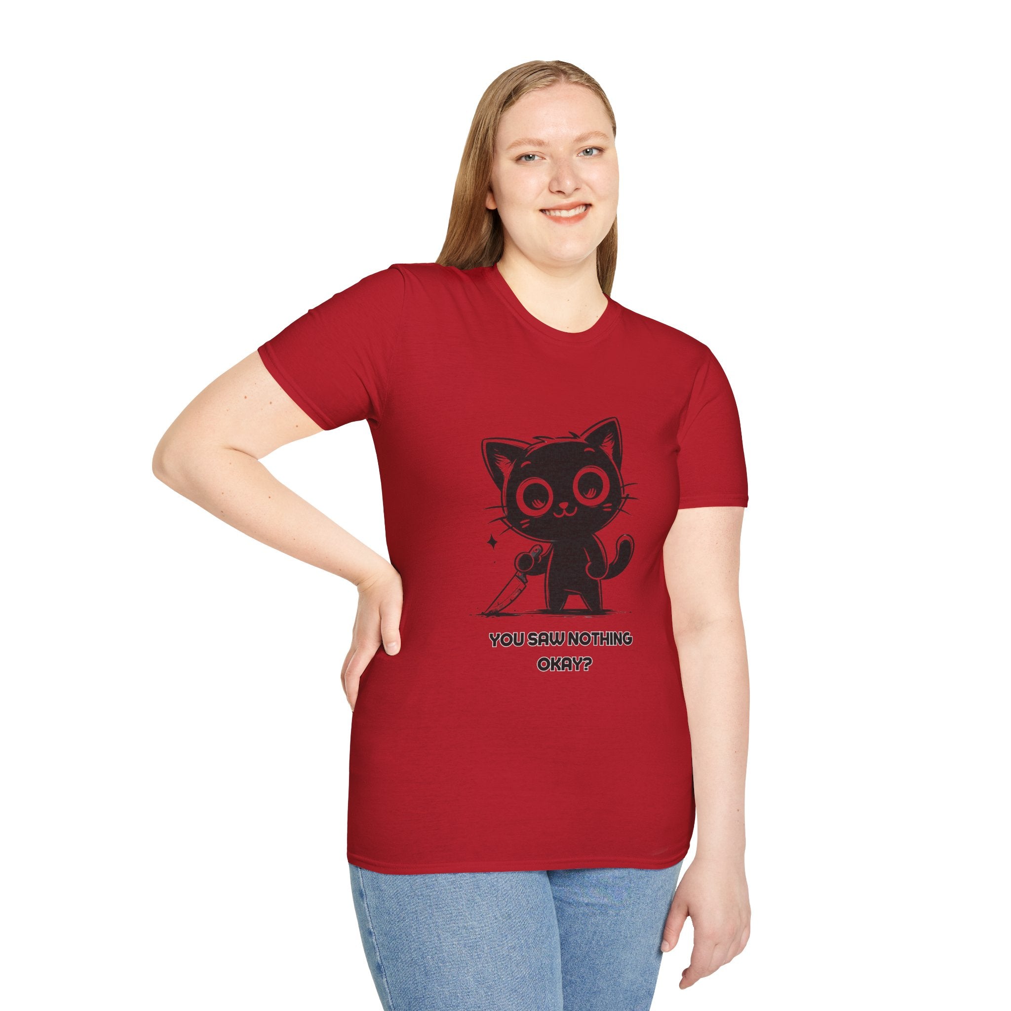 Women's and Men's Funny Cat T-shirt you saw nothing cat with bloody knife Halloween tee Soft Unisex Tshirt Gift for Her